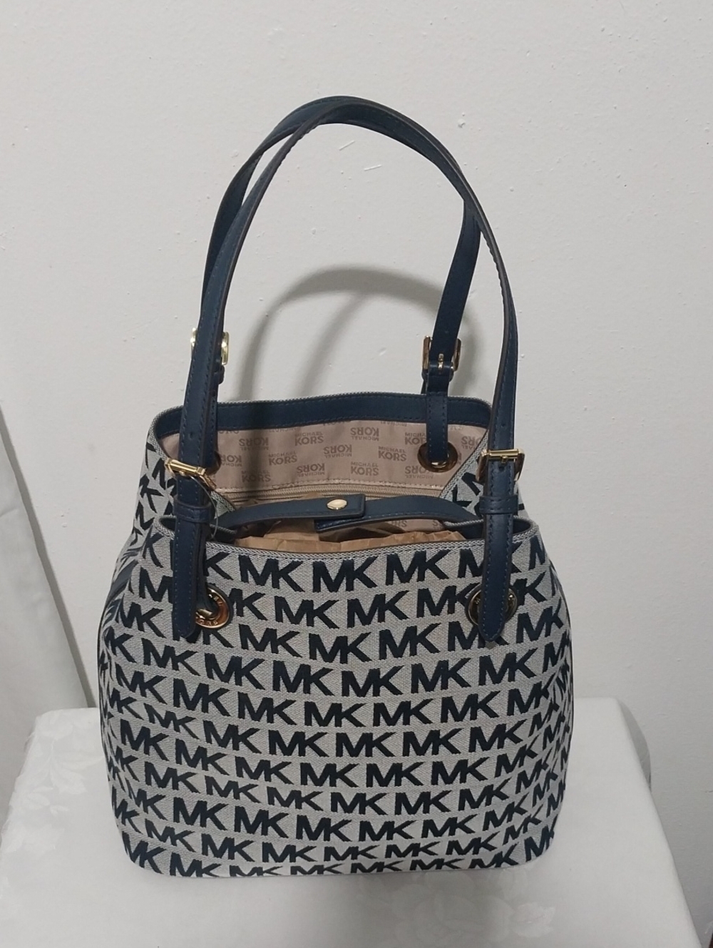 Michael Kors Navy and Cream MK Logo Tote